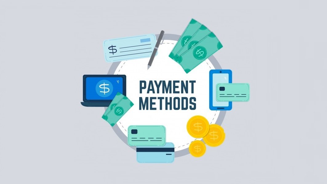 Payment methods illustration showing credit cards, cash, coins, cheque, laptop and mobile phone used for IPTV subscriptions in Canada