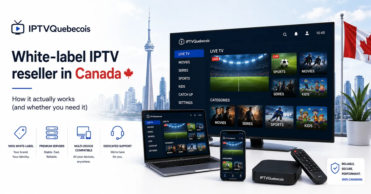 White-label IPTV reseller in Canada, branded customer-facing surfaces (custom domain, app skin, logo, support email, payment descriptor) over a shared upstream infrastructure backend